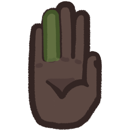 a dark-skinned hand, palm outward. the ring finger is highlighted green